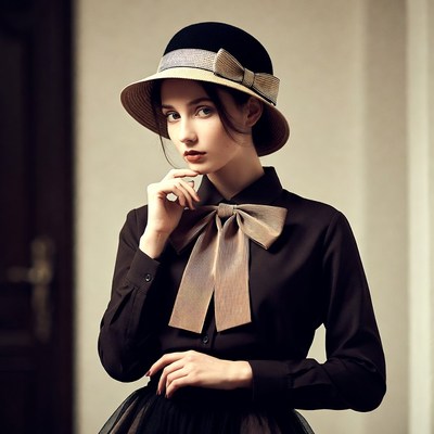 Woman in Beige Bow Hat and Black Dress