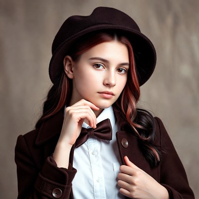 Girl in brown hat and bowtie