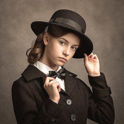 Girl in black hat and bow tie
