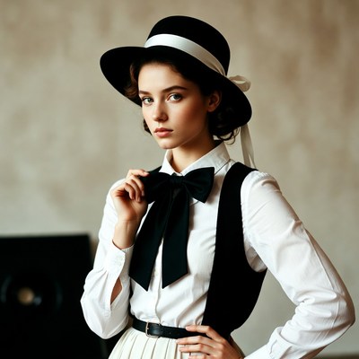 Woman in black white hat and bowtie