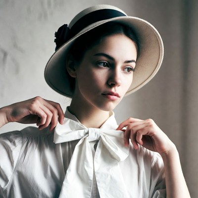 Woman adjusting bow tie in straw hat