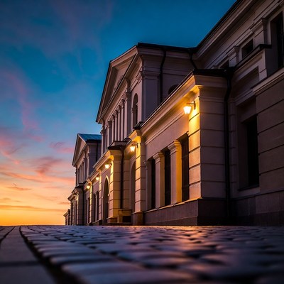 Classical Building at Sunset with Lights