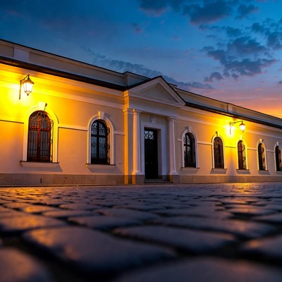 Yellow historic building at dusk