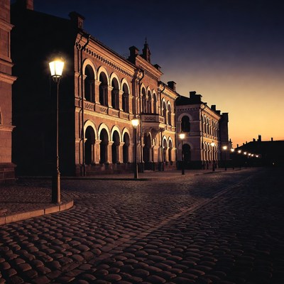 Historic Building at Dusk with Streetlights
