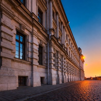 Classical Building Facade at Sunset