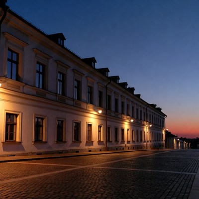 Lit historic building at dusk
