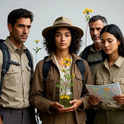 Group examining map with plant