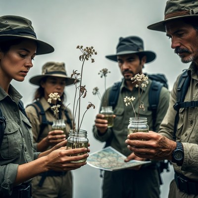 Group holding jars with wildflowers and map