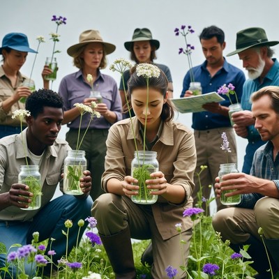 Diverse group holding wildflowers in field