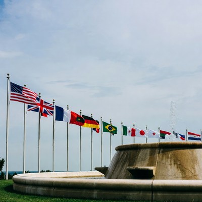 International Flags Around Fountain