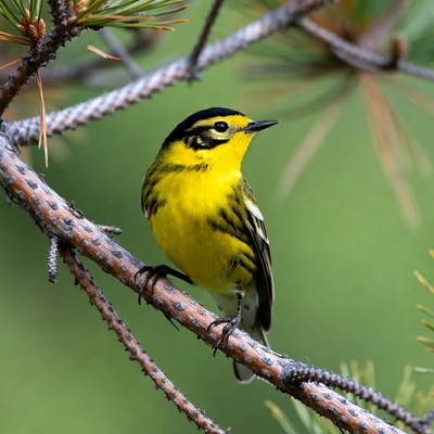 Yellow Warbler on Pine Branch