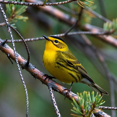 Yellow Warbler on Pine Branch