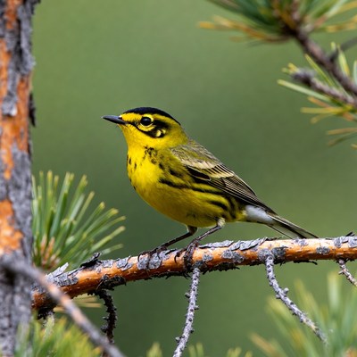 Yellow Warbler on Pine Branch