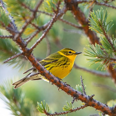 Yellow Warbler on Pine Branch
