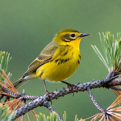 Yellow Warbler on Pine Branch