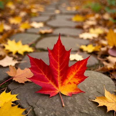 Red Maple Leaf on Stone Path