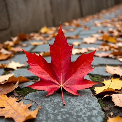 Red Maple Leaf on Stone Path