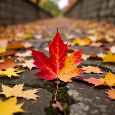 Red Maple Leaf on Autumn Pathway