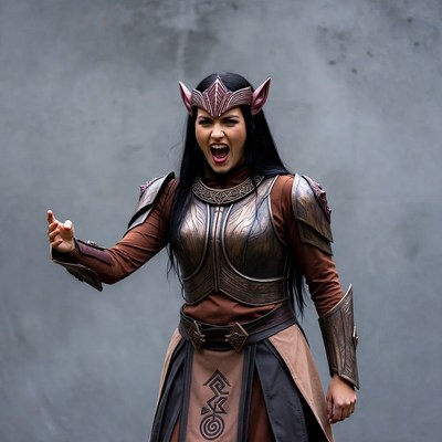 Asian woman in elf warrior cosplay shouting