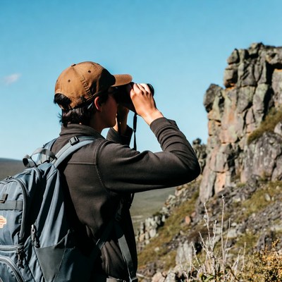 Man using binoculars viewing mountains