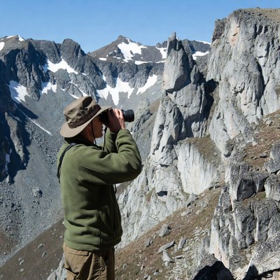 Man using binoculars in snowy mountains