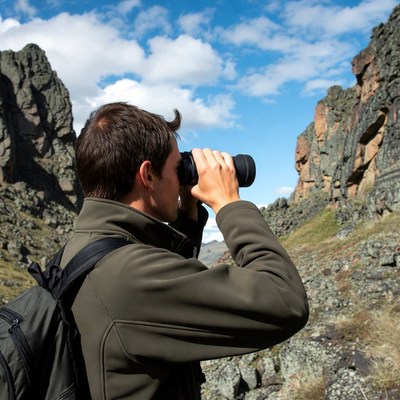 Man using binoculars in mountains