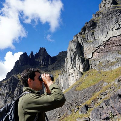 Man using binoculars in mountains