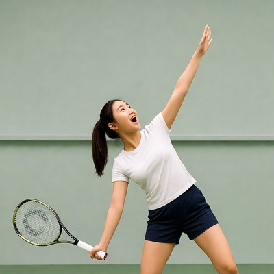 Asian girl playing tennis with racket