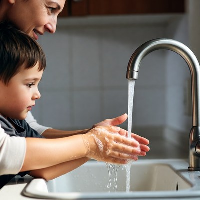 Mother teaching boy handwashing at sink