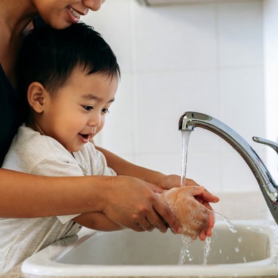 Asian mother teaching boy handwashing