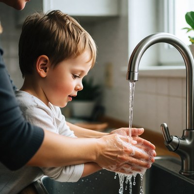 Mother helping boy wash hands