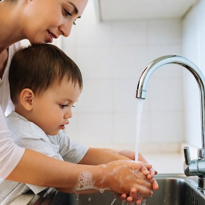 Mother teaching toddler handwashing