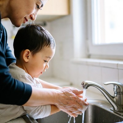 Asian mother helping toddler wash hands