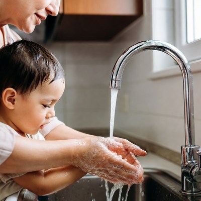 Mother helping toddler wash hands