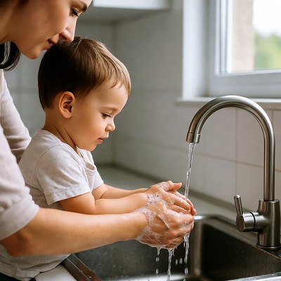 Mother helping toddler wash hands