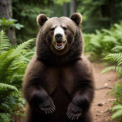 Grizzly bear roaring in forest