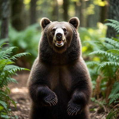 Brown bear roaring in forest