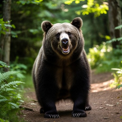 Grizzly Bear Roaring in Forest