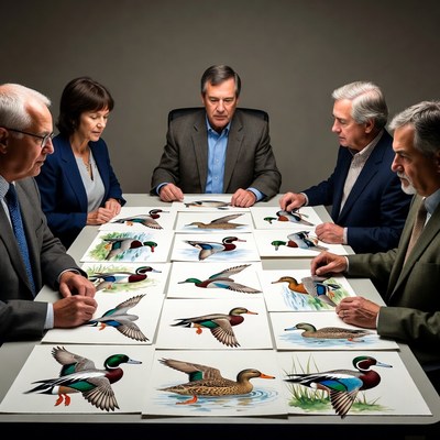 Group examining duck paintings at table