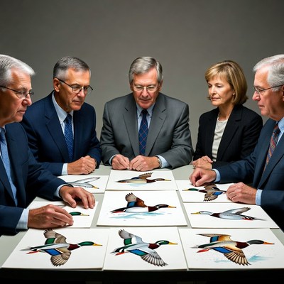 Business professionals examining duck paintings
