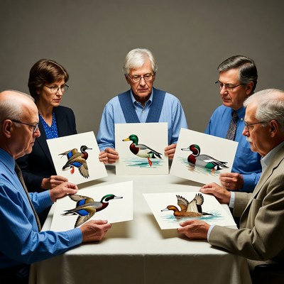 Group holding duck paintings
