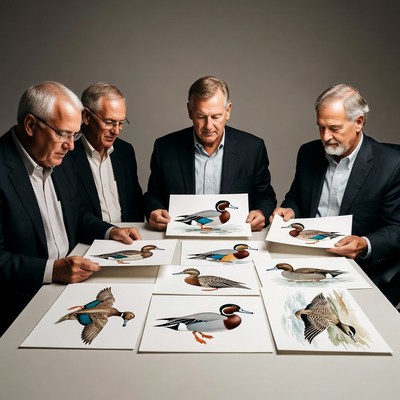 Men examining duck paintings at table