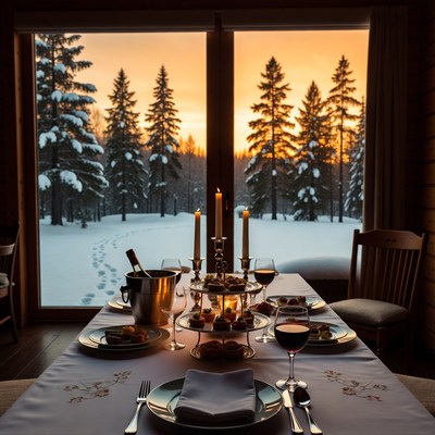 Cozy Winter Table by Snowy Forest Window