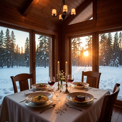 Cozy Wooden Cabin Dining Table Sunset
