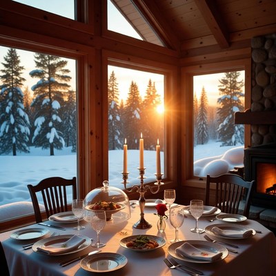 Cozy Wooden Dining Room with Snowy Sunset View