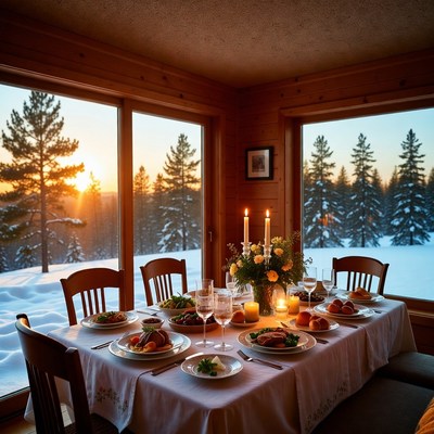 Elegant dinner table by snowy sunset window