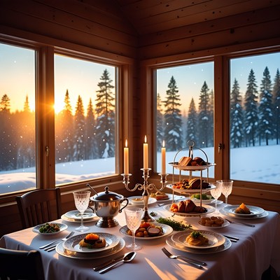Cozy Wooden Cabin Dining Table Sunset