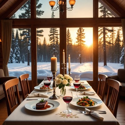 Cozy Wooden Cabin Dining Table Sunset