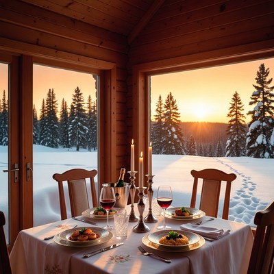 Cozy Wooden Cabin Dinner at Sunset