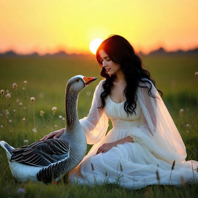 Woman petting goose at sunset